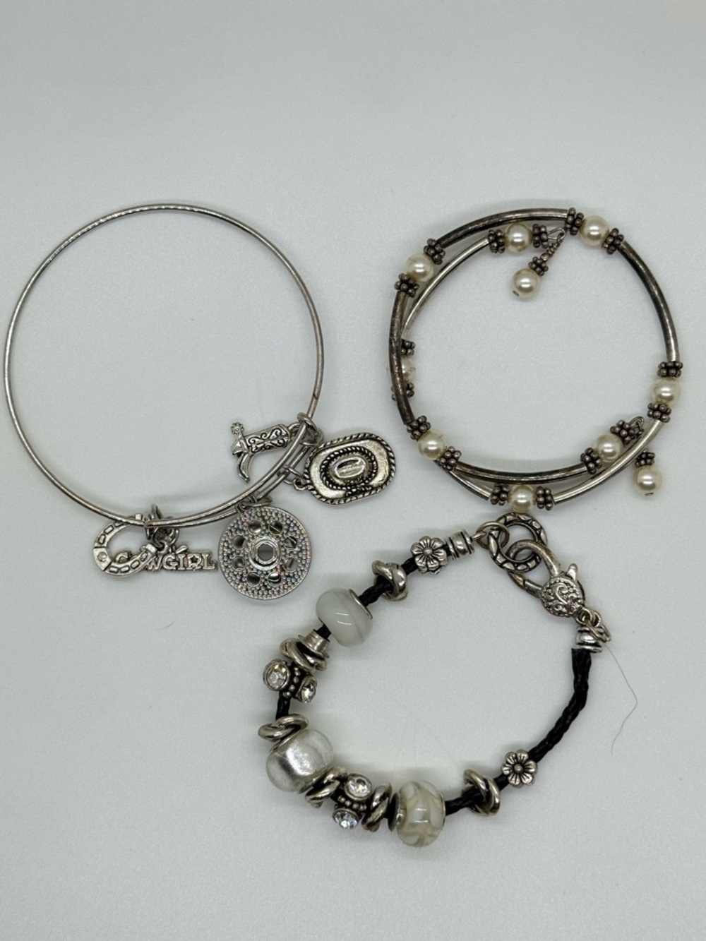 Silver-Tone Women's Charm Bracelet Trio with Faux Pearls and Beads